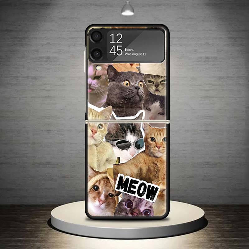 Crying Cat Memes Phone Case For Samsung Galaxy Z Flip 7 6 5 4 3 5G Shockproof Cover Z Flip7 Flip6 ZFlip5 Flip3 Flip4 Luxury Shel