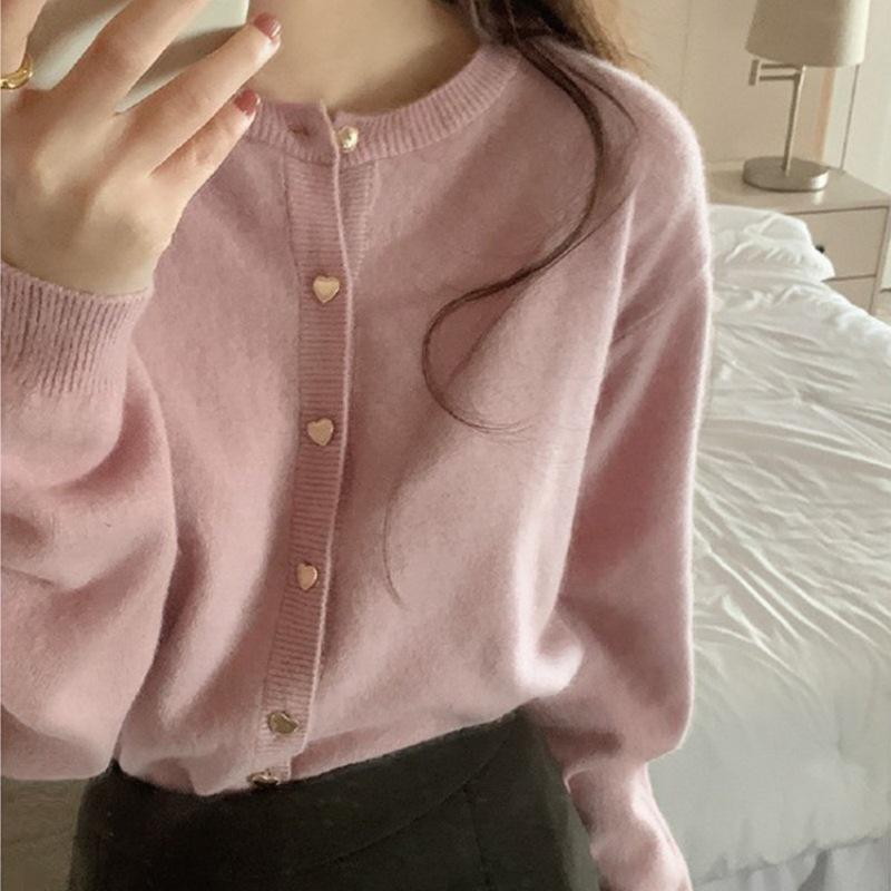 Gentle Love Heart Buckle Pink Knit Cardigan - Japanese Style Women's Autumn Outerwear 2025.