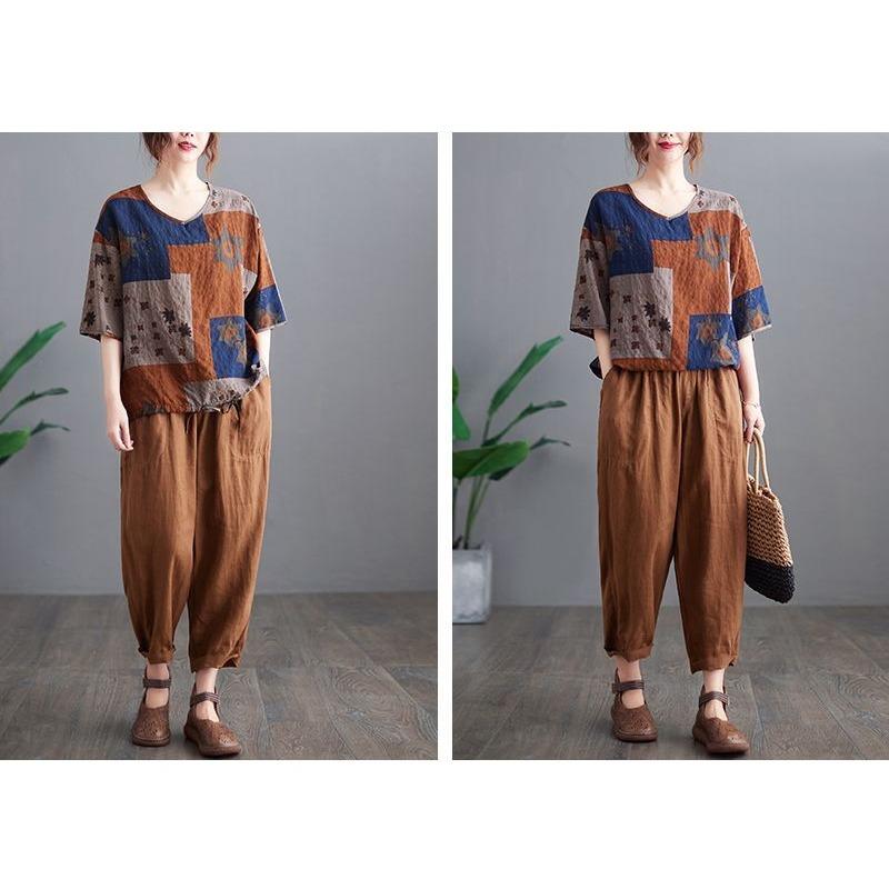 Retro Bedruckte Leinen Kurzarm Tops Sommer Dünn Lässig Locker sitzend Blasen Baumwolle und Leinen Herz-Ausschnitt T-Shirts