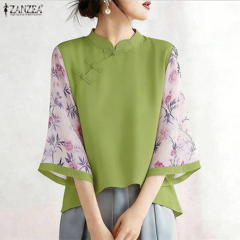 ZANZEA Damen Freizeit Print Transparent Einsatz 3/4 Ärmel Stehkragen Bluse