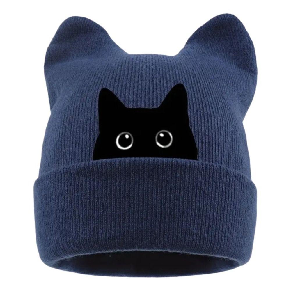 Stretchable Cat Ear Beanie Hat Y2K Harajuku Pullover Hat Fashion Winter Knit Hat Women