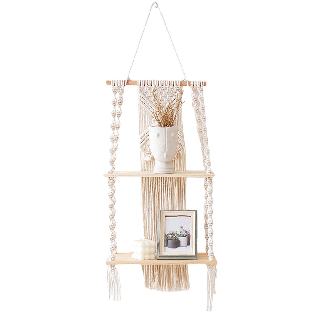 2 Tier Macrame Wall Hanging Floating Shelf Natural Cotton Rope Boho Home Decor Wooden Wall Shelf Candle Holder Floating Shelves
