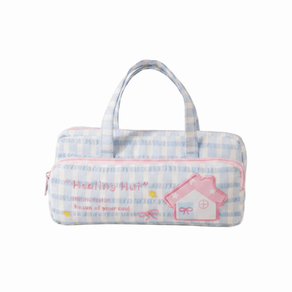 Double Layer Stationery Box Large Capacity Stationery Bag Sweet Style Pen Bag School Use blue-bow