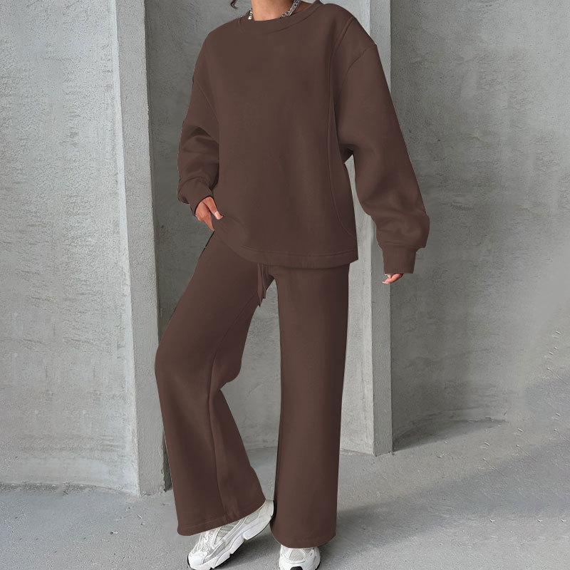 2024 podzim a zima nové jednobarevné kulatý výstřih s dlouhým rukávem volné dámské oblečení módní ležérní sada širokých kalhot