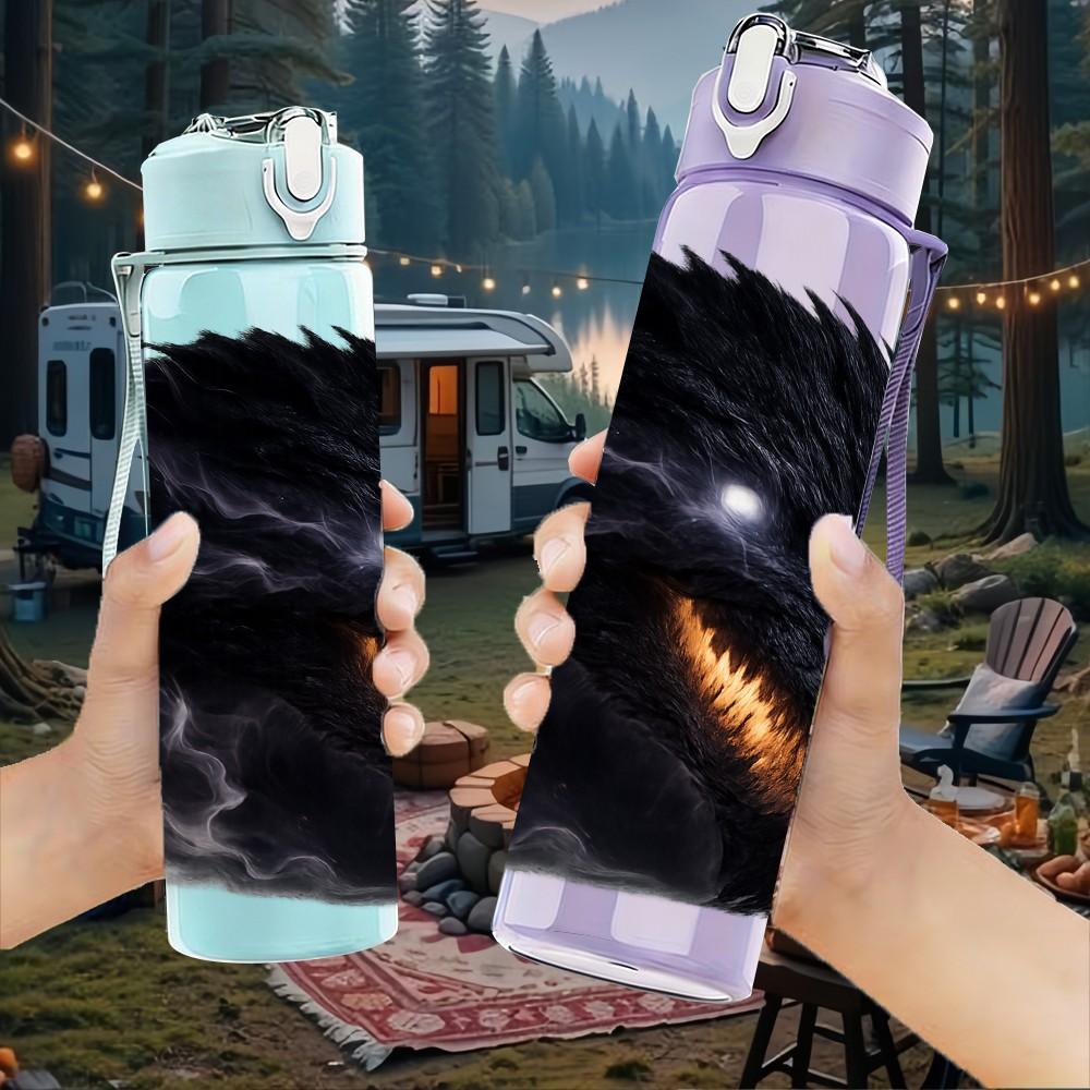 1PC Dark Black Winged Beast Fantasy Portrait Print 750ml Color Plastic Sports Water Bottle Leakproof Flip Straw Lid Suitable for Sports Office Use