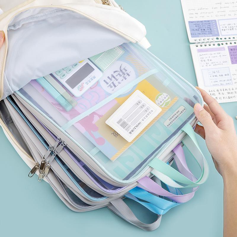 Korean Handheld L-Shaped Mesh Zipper File Bag - Large Opening for Student Book Carrying & Discipline Classification