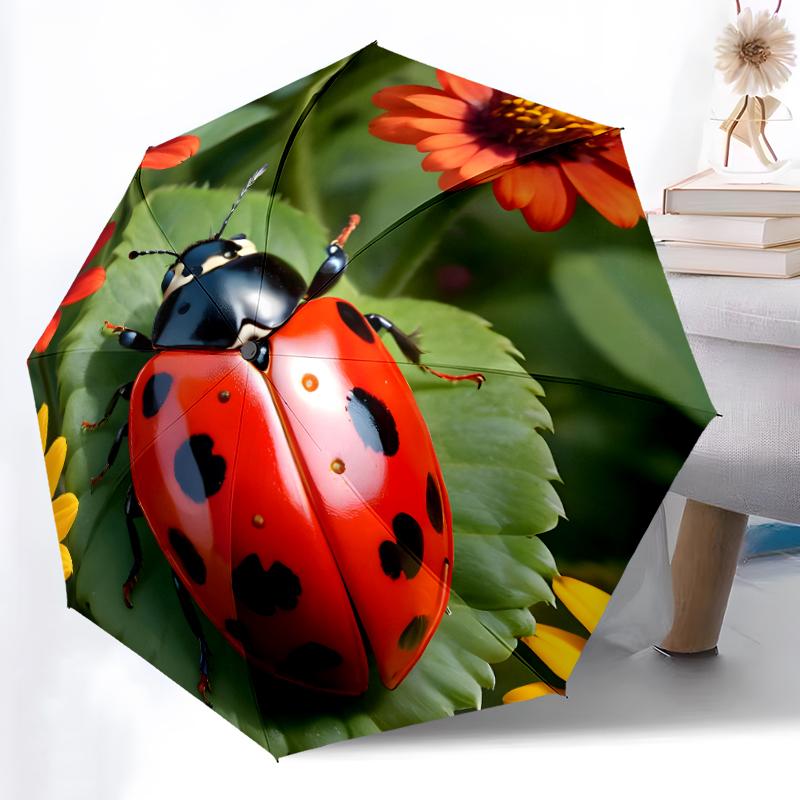 1pc Sturdy 8-Bone Auto Umbrella, Ladybugs and Leaves Umbrella, Digital Printed, Foldable Umbrella for On-the-Go Outdoor Use
