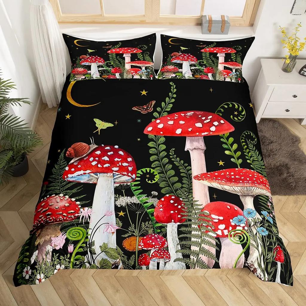 Glitter Starry Sky Galaxy Duvet Cover Mushroom Butterfly Quilt Cover Microfiber Star Moon Palm Leaves Flowers Queen Bedding Set
