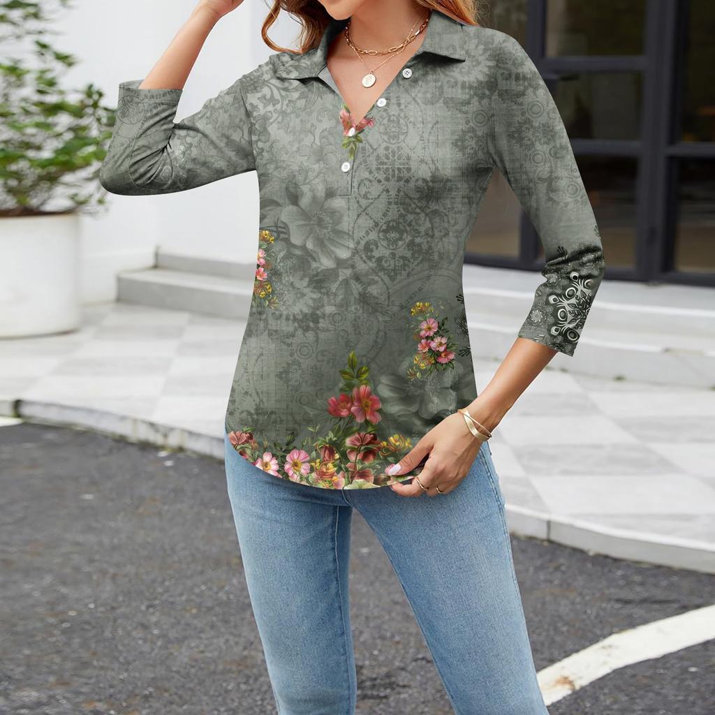 Women's Fashion Casual Long Sleeve Floral Print V-Neck Button Top