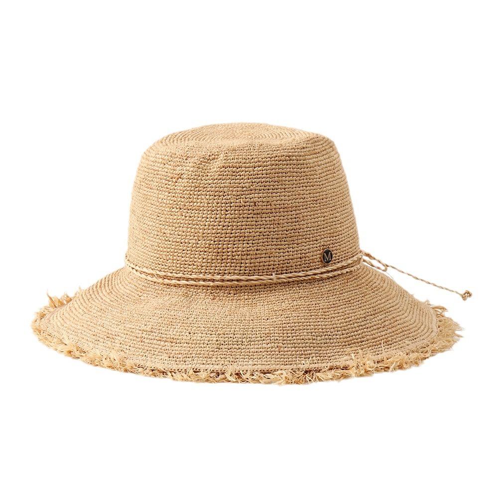 Raffia Bucket Hand-Hooked Raffia Straw Bucket Hat for Women, Wide-brim Foldable Straw Hat, Rounded Vacation Sun Hat