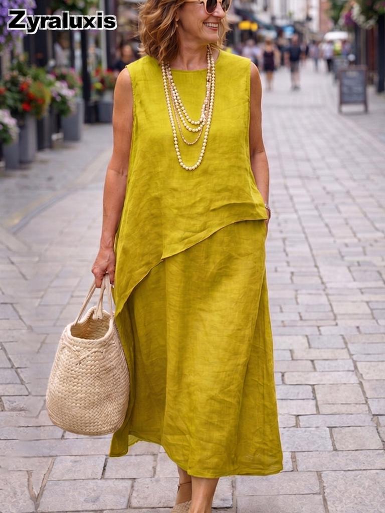 Women's Casual Cotton Linen Irregular Vest and Half Skirt Set Long Maxi Dress Outfit