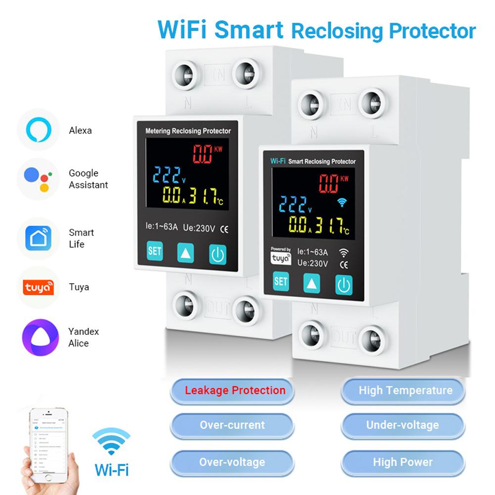 Tuya Smart WIFI 2P 1-63A Adjustable Circuit Breaker Earth Leakage Over Under Voltage Protector Relay Switch Energy kWh Meter