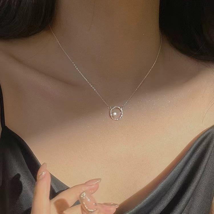 925 Sterling Silver Geometric Wave Circle Pendant Freshwater Pearl Necklace for Women