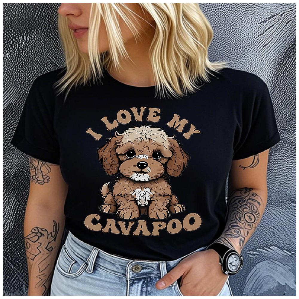 Unisex Polyester Summer Top I LOVE MY CAVAPOO Print Loose round Neck Short Sleeve Fashion for Astrology Lovers
