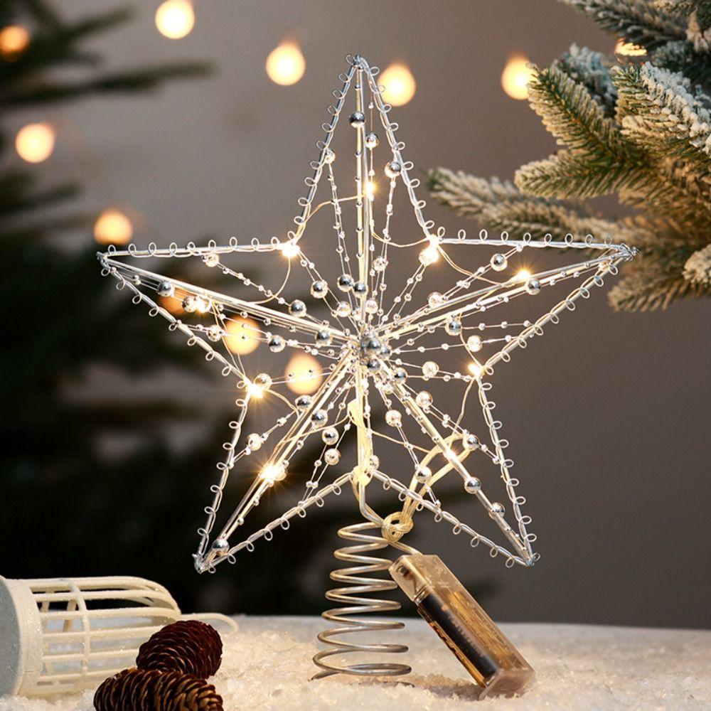 Pearl Wire Christmas Tree Star Topper LED Light 2026 New Year Xmas Tree Ornaments Natal Noel Gold Iron Sparkling Night Light