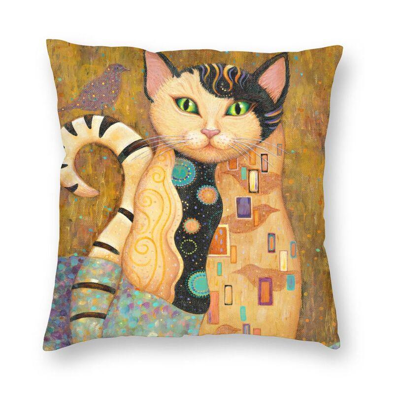 Lovely Cartoon Klimt Style Cat Kitten Throw Pillow Cover Home Decor Square Gold Animal Art Cushion Cover 45X45Cm For Living Room