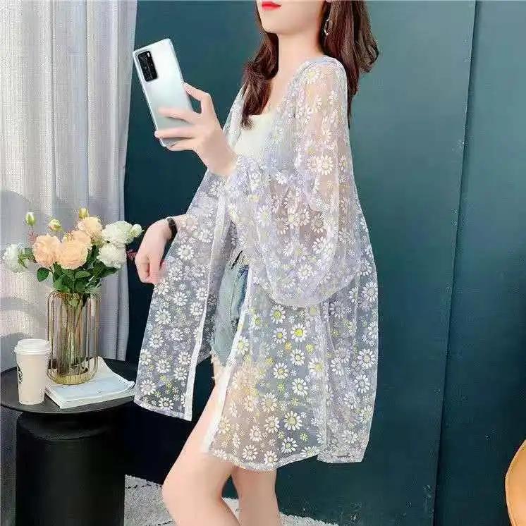 Summer Sun Protection Clothing Women's Korean Fashion Mesh Hooded Sun Protection Jacket Little Daisy Sun Protection Cardigan Jacket