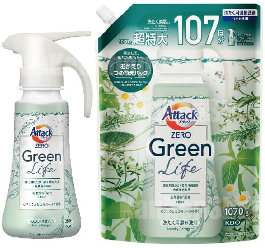 Kao Attack ZERO Green Life One-Hand Type, 380g + Extra-Large Refill, 1070g