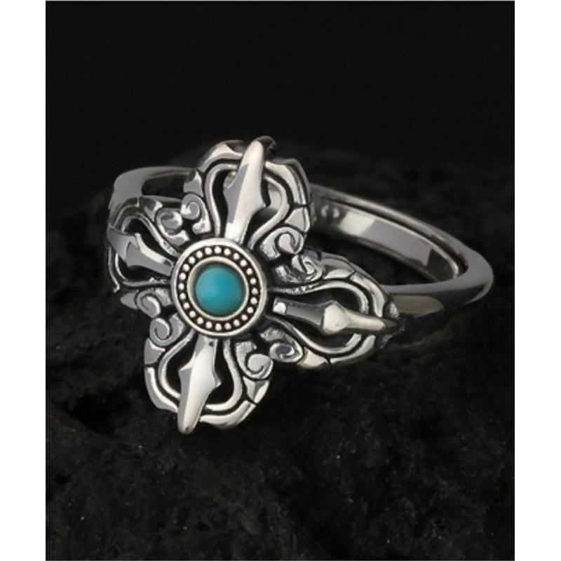 Vintage Cross Vajra Ring With Natural Turquoise Inlay Sterling Adjustable Unisex Jewelry