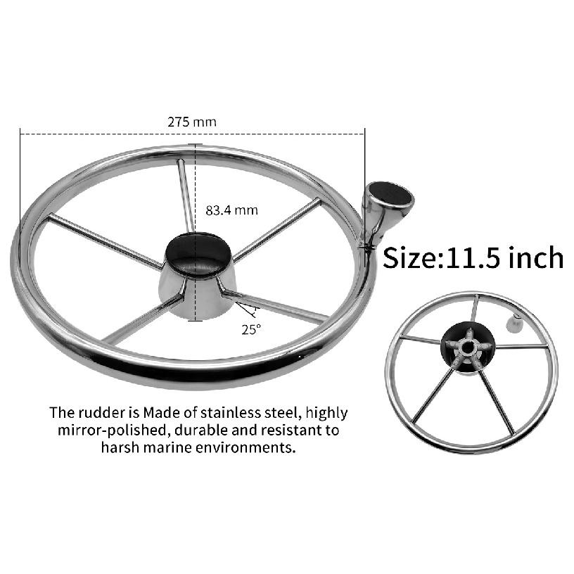 Stainless Steel 5 Spoke Steering Wheel with Knob 25 Degree for Marine Yacht Boat - 11 13 15 Sizes Available 11.5 inch