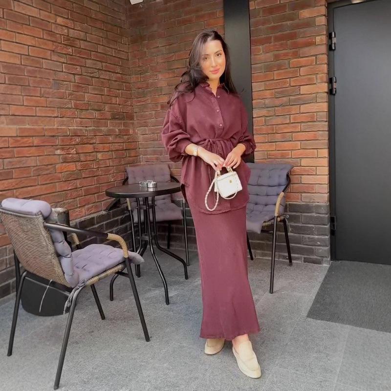 European & American Women's Belted Cardigan Dress Set - Solid Color, Gentle Style, Autumn 2025 Collection