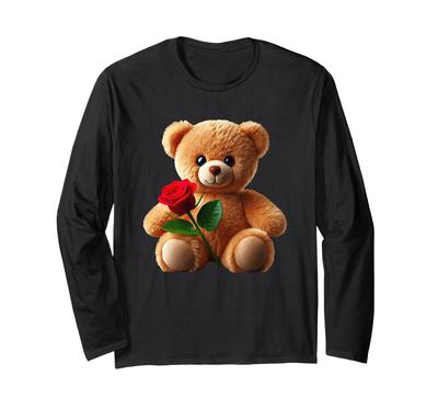 Adorable, Cute, Huggable Teddy Bear, Red Rose Shaped Mania. Long Sleeve T-shirt