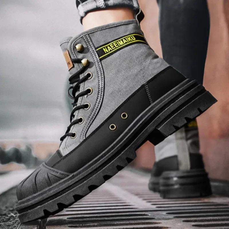 Men's High-top Boots Breathable Canvas Casual Boots Non Slip Desert Boots for Men Sneakers Lace Up Safty Work Shoes Botas Hombre