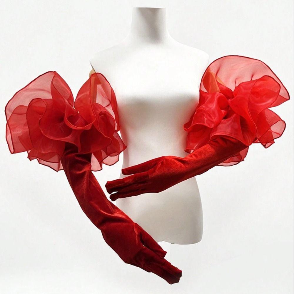Elastic Ruffles Velvet Mittens Elegant Wedding Bridal Gloves Vintage Long Gloves Dress Accessories