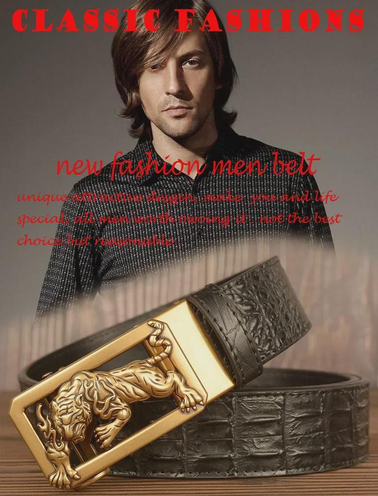 New Tiger Zodiac Automatic Buckle Men's Crocodile Pattern Cowhide Belt