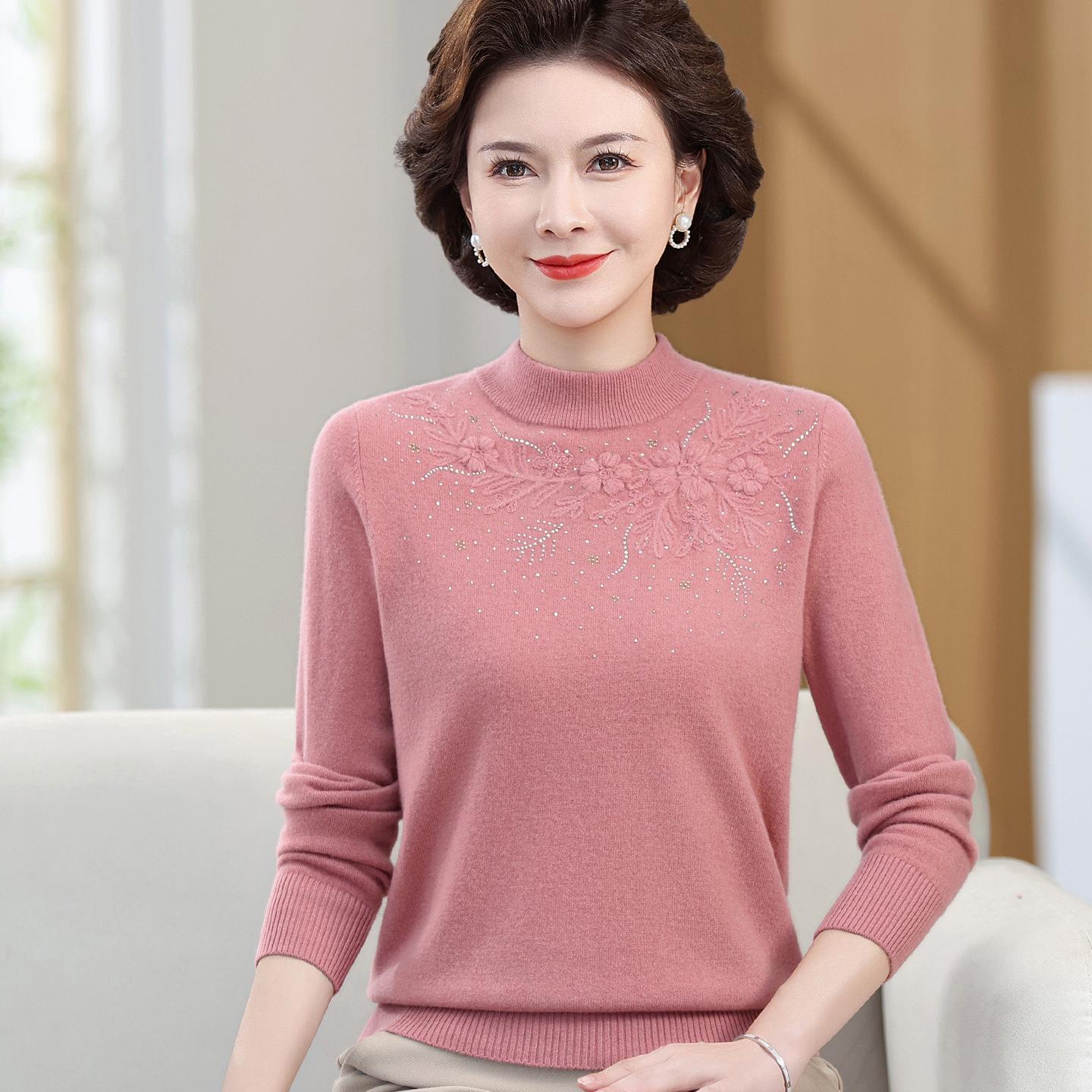 

Pure Wool Semi-High Neck Sweater for Middle-Aged and Elderly Women - Autumn/Winter Fashion 2XL (125-135 jin) рожевий