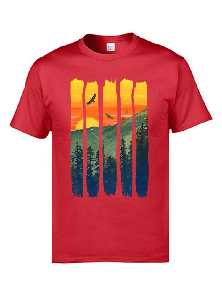 Mountain Sunset Print T-shirt Summer Fashion Casual Men's and Women's T-shirt Pure Cotton Casual O Collar Loose Short Sleeve