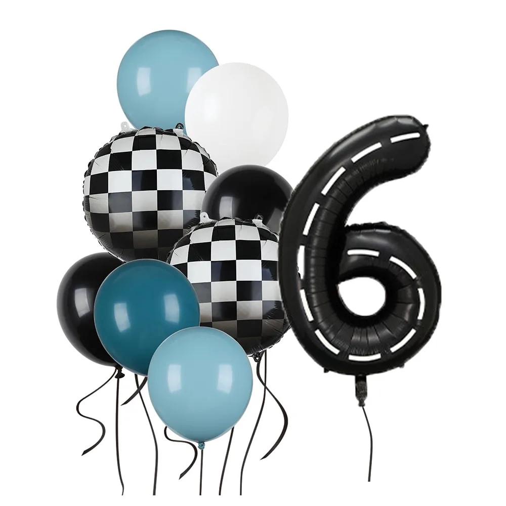 9pcs Race Car Balloons Set Checkered Balloon Blue Black Balloon Boys One Happy 1st 2nd Vintage Two Fast Theme Party Number Decor