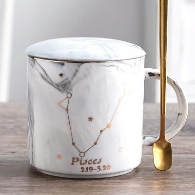 400ML Twelve Constellation Marble Cup with Cover Long Spoon Ceramic Party Tableware Set Porcelain Breakfast Coffee Mug Cup