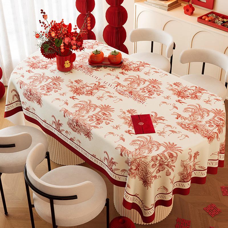 Wedding Tablecloth Waterproof And Anti-Scalding Red Dining Table Cloth Wedding Room Festive Atmosphere Oval Coffee Table Cloth