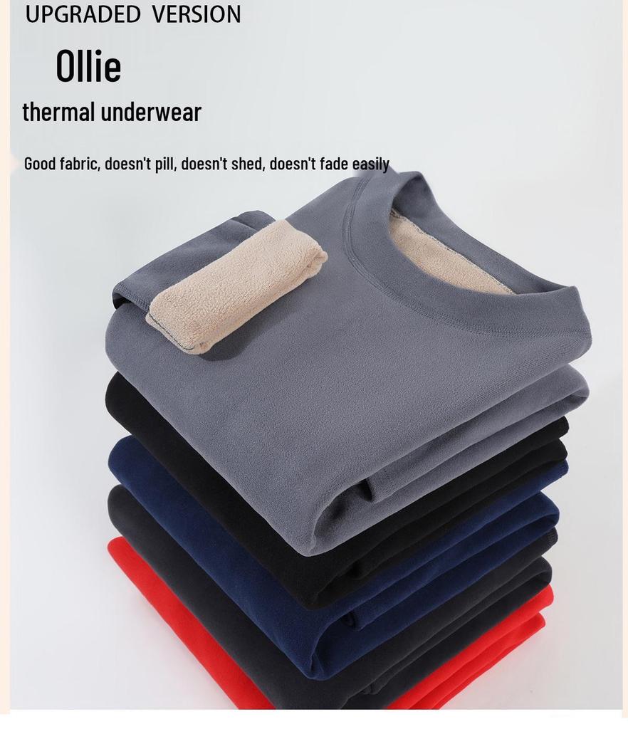 Unisex Plus Size Thermal Underwear Set with Thickened Velvet and Lambskin, Round Neck, for Autumn and Winter