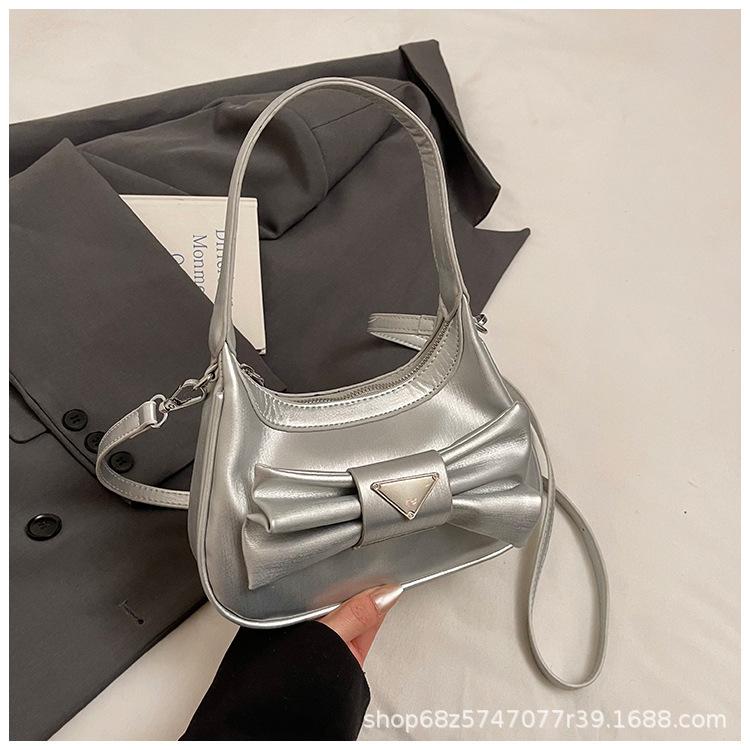 2025 New Bow Shoulder Bag Simple and Fashionable Women's Underarm Bag Versatile Casual Crescent Bag Handbag