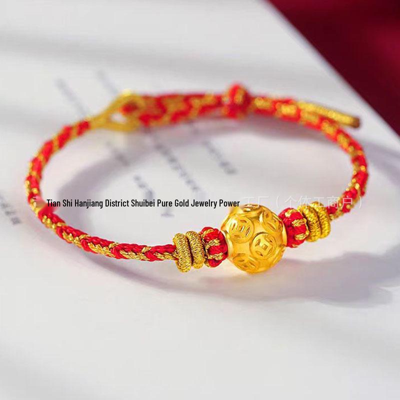 Shuibei 999 Reingold Ping'an Schnalle Armband mit goldenen Glücksperlen - Geflochtenes Handseil Valentinstag Qixi Geschenk