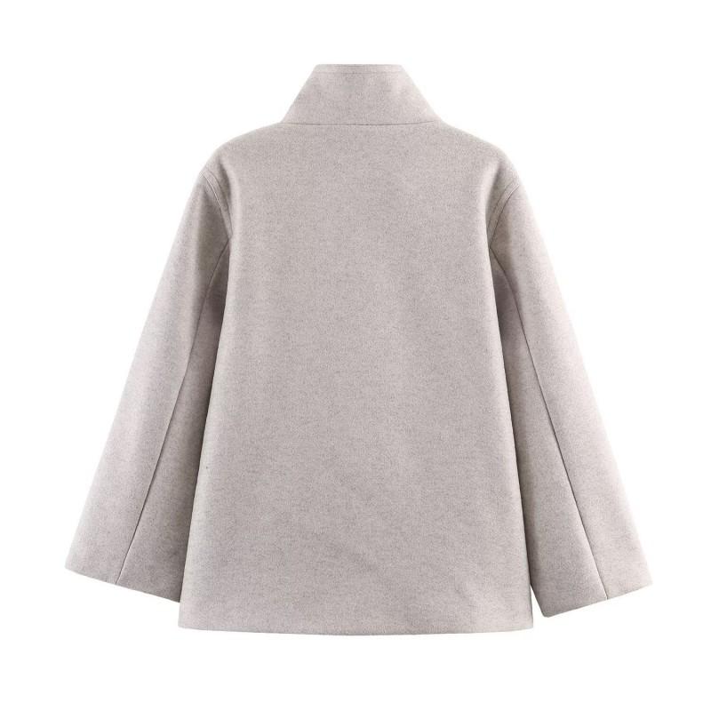 Womens Wool Blend High Neck Short Coat 2026 Street Style Outerwear Black Brown Khaki