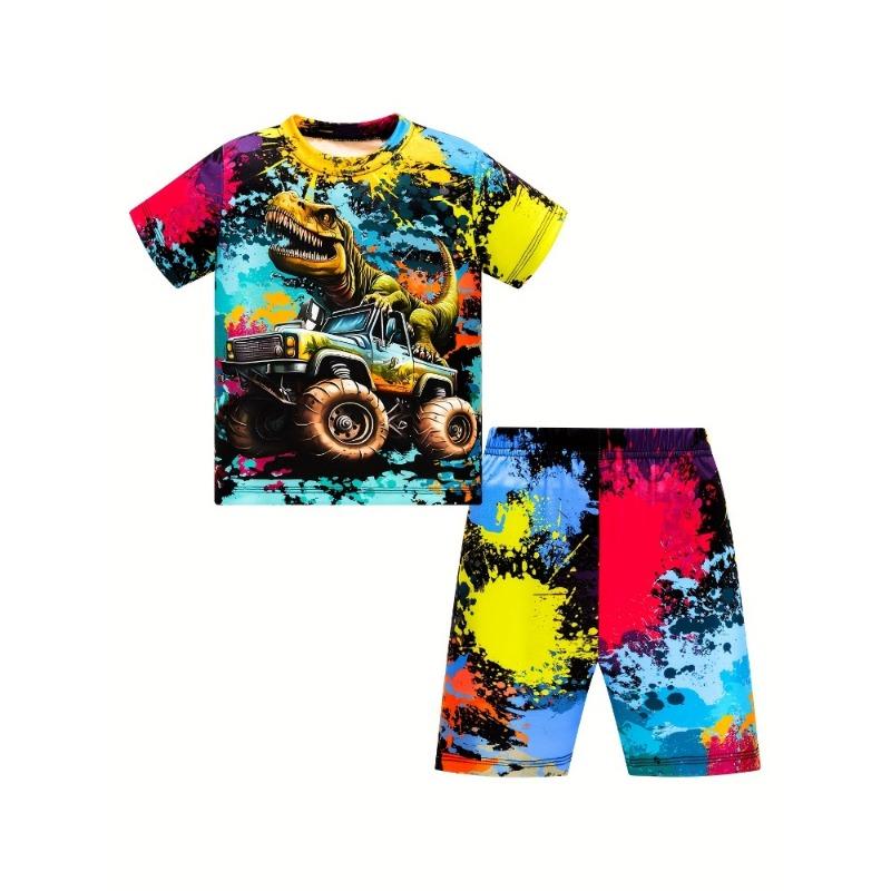 Boys Girls Luminous Little Dinosaur Print Short Sleeve T-shirt and Elastic Waist Shorts Comfortable and Skin-friendly Pajama Set