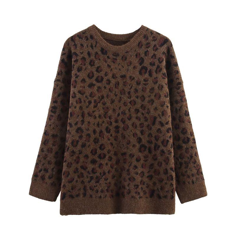 Kaslead New Women clothes Western Style Leopard Print Jacquard round Neck Loose Pullover Knit sweater Sweater