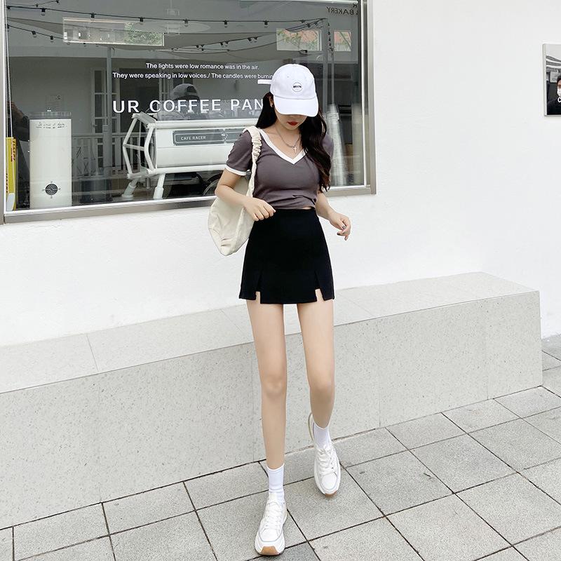 Women's Summer 2023 Black A-Line Slit Skirt: Campus-Chic Slim Fit