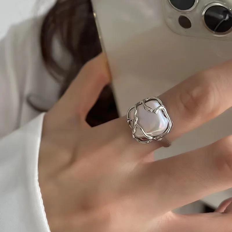 Gothic Punk Pearl Irregular Twining Rings For Women Vintage Copper Color Adjustable Ring Set Ins Style Jewelry