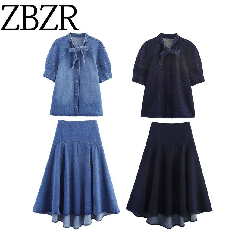 Zbzr Autumn New Women clothes Western Style Knot Decoration Demin shirt Midi Dress 5216249244 9863244