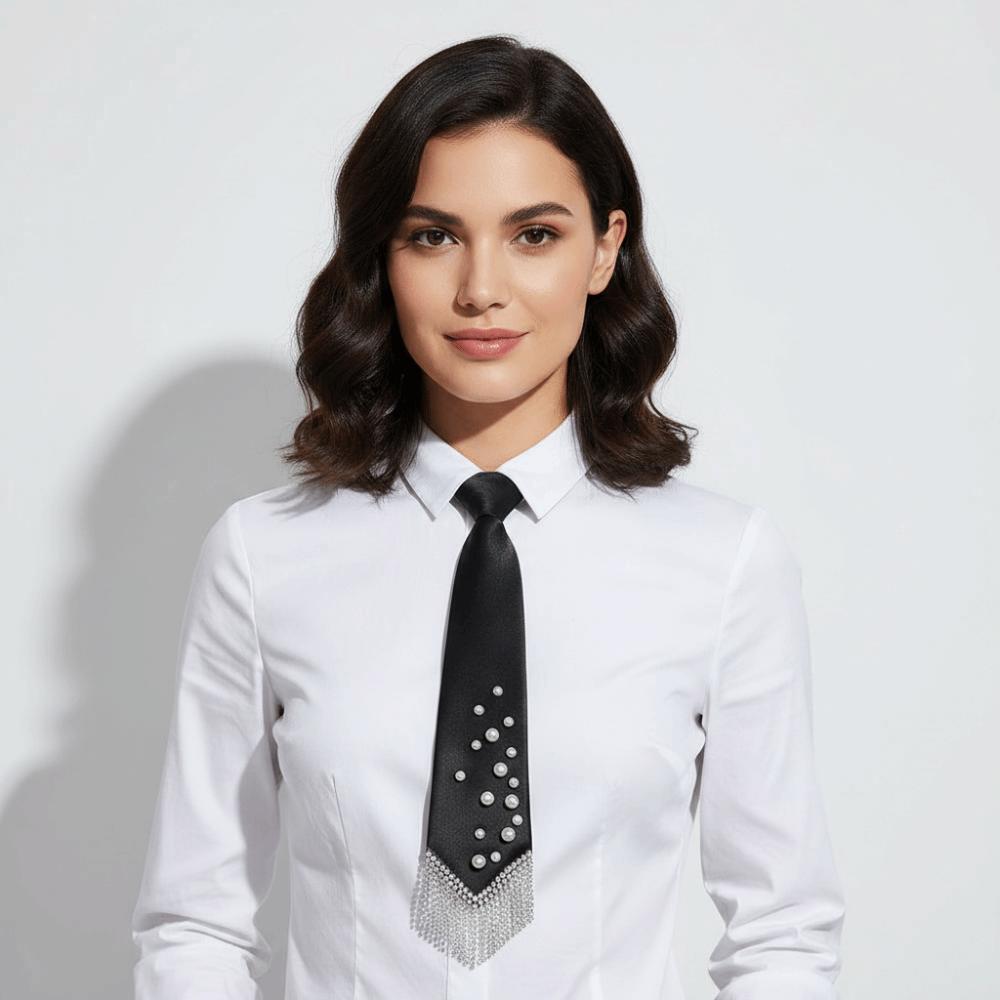 Korean Style Pearls Tie Black Decoration Shirt Tie Hand-beaded Long Necktie  Women