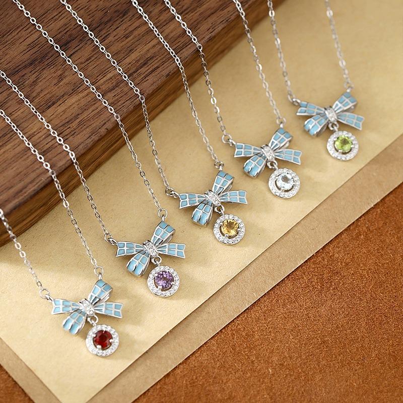 Women's S925 Sterling Silver Bow Knot Necklace Natural Amethyst Citrine Zircon Enamel Clavicle Chain Jewelry