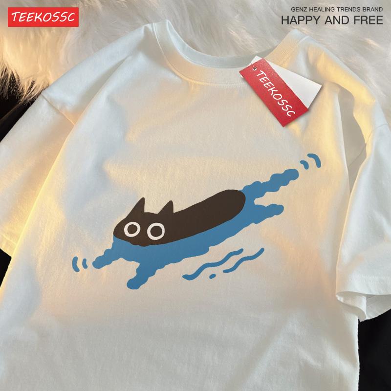 Couple T-shirt Swim Black Cat Diving Print T-Shirt Summer Men's Women's Breathable Casual Cotton Loose Top Short Sleeves