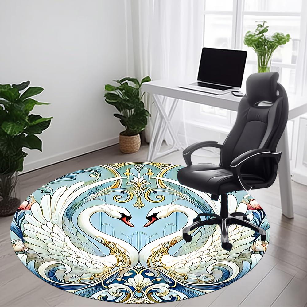 1pc Swan Art Office Round Area Rug, Indoor Mat Suitable ForOffice, Under Office Chairs Bedroom Living Room Home Decor D019