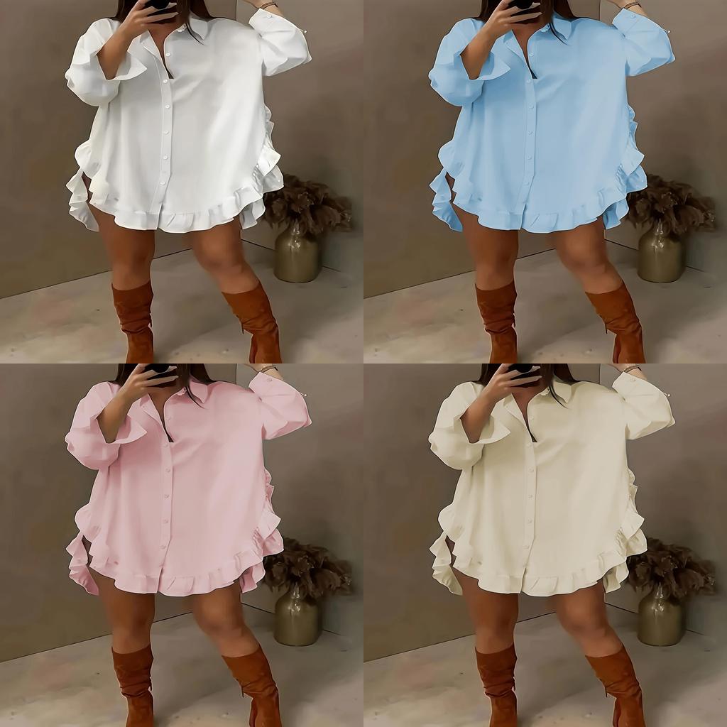 Pure Color Loose Fit Shirt With Ruffle Hem And Long Sleeves For Summer Casual Wear