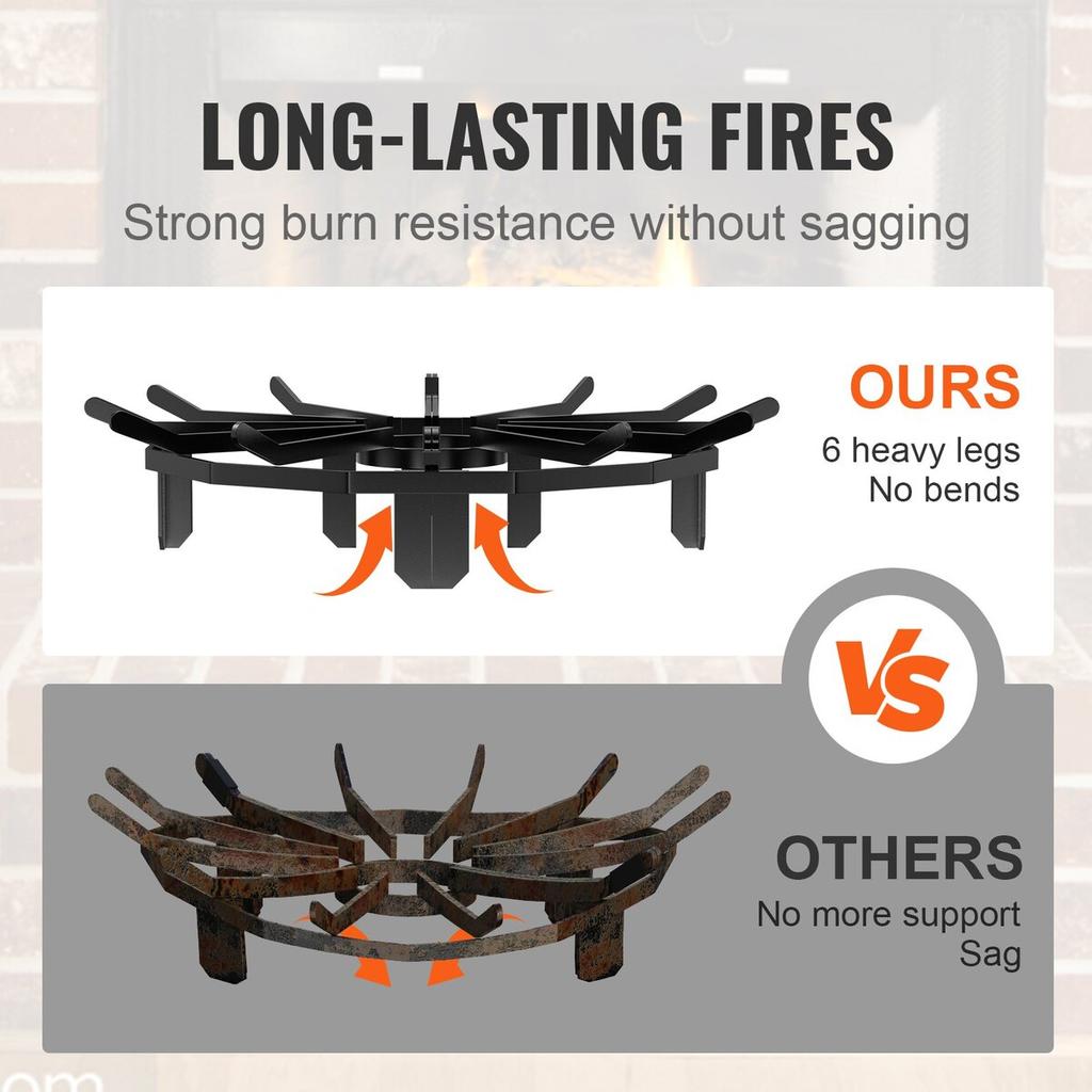 Log Grate, 27 Inch Heavy Duty Wheel Fire Grate with 6 Support Legs, Solid Powder-coated Steel Bars, Log Firewood Burning Rack Holder for Wood Stove