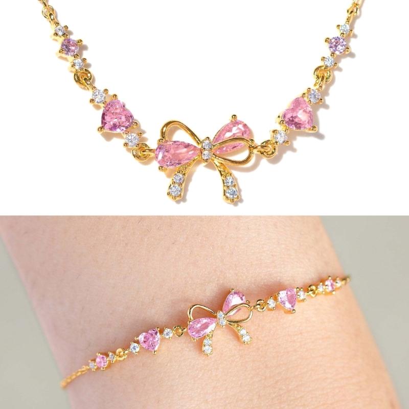 Elegantes Zirkonia Herz und Schleife Armband Verstellbare Handkette für Damen Trendige Handgelenkkette Modeschmuck Geschenk